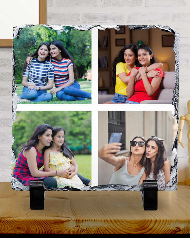 Custom 4-image photo slate with glossy finish featuring smiling friends and family moments on natural textured stone with stand feet