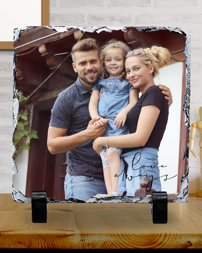 Personalised slate photo with glossy finish featuring family portrait and love always text on display stand
