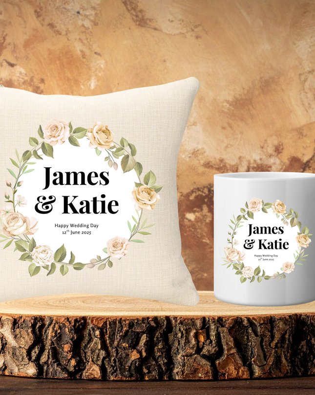 Wedding Bundle -  Names and Date Cushion and Two Mugs