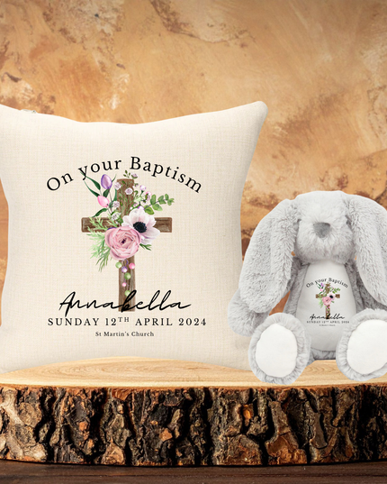 Christening/Baptism Personalised Cushion 40x40cm Linen Cushion & Teddy Bear