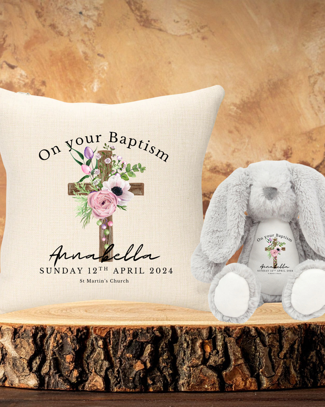 Christening/Baptism Personalised Cushion 40x40cm Linen Cushion & Teddy Bear