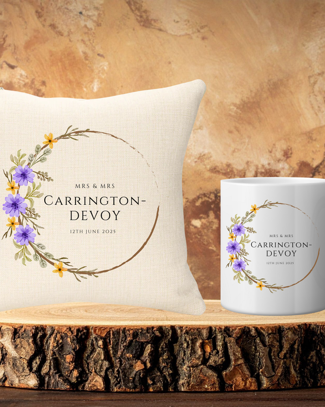 Wedding Bundle - Purple & Gold Version Cushion and Two Mugs