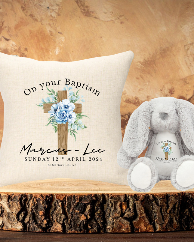 Christening/Baptism Personalised Cushion 40x40cm Linen Cushion & Teddy Bear