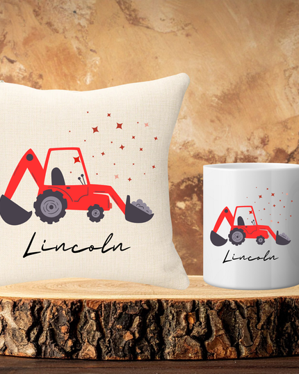 Digger  with name 40x40cm Cushion & 11oz Mug