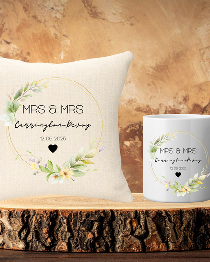 Wedding Name Green Theme 40x40cm Cushion & 11oz Ceramic Mug