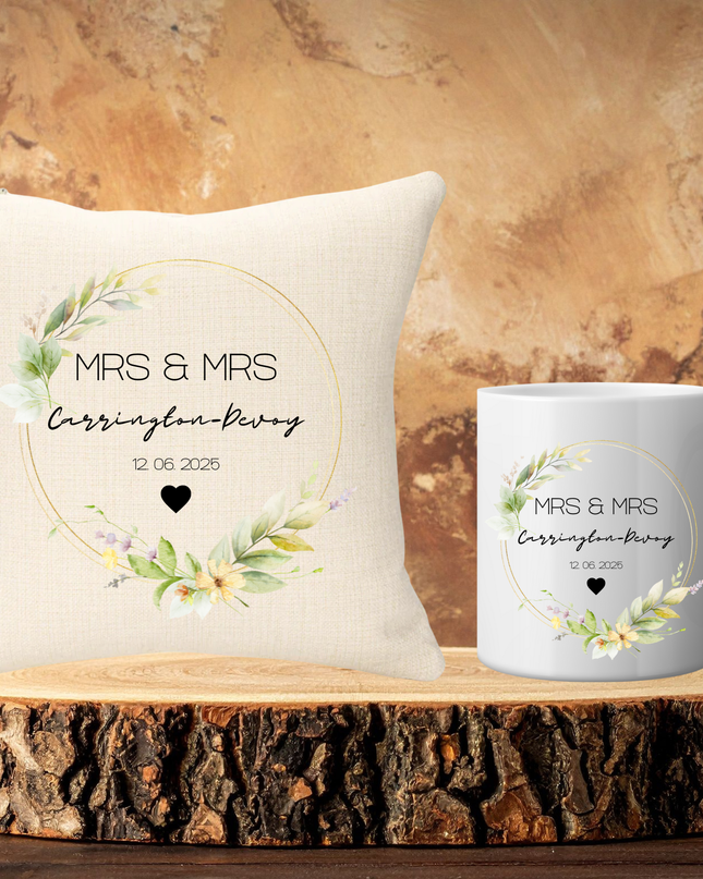 Wedding Name Green Theme 40x40cm Cushion & 11oz Ceramic Mug