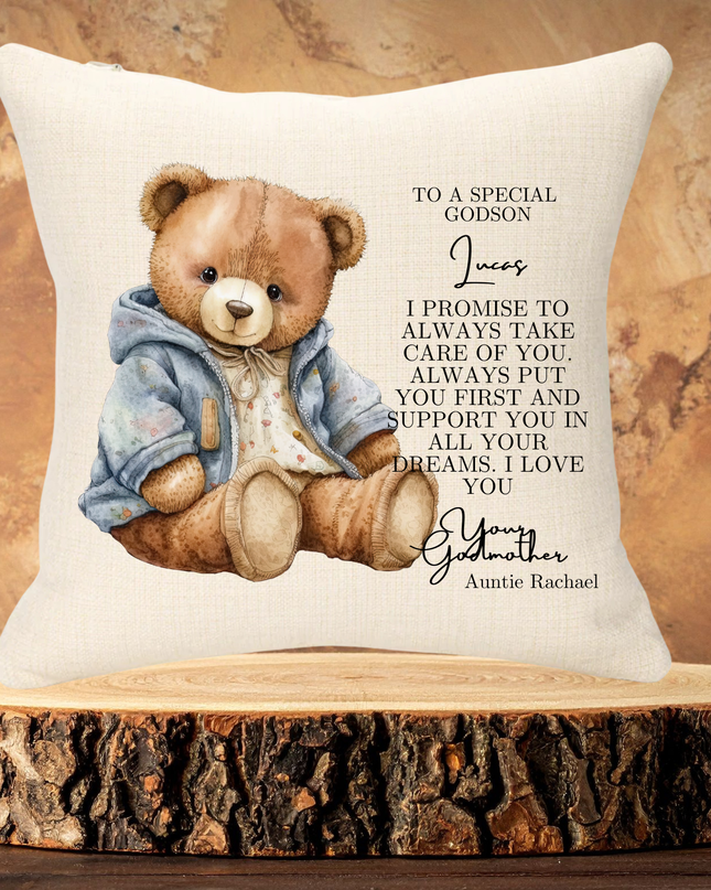 Godson Teddy Christening Personalised Cushion