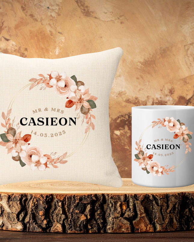 Wedding Bundle -  Orange Version Names and Date Cushion and Two Mugs